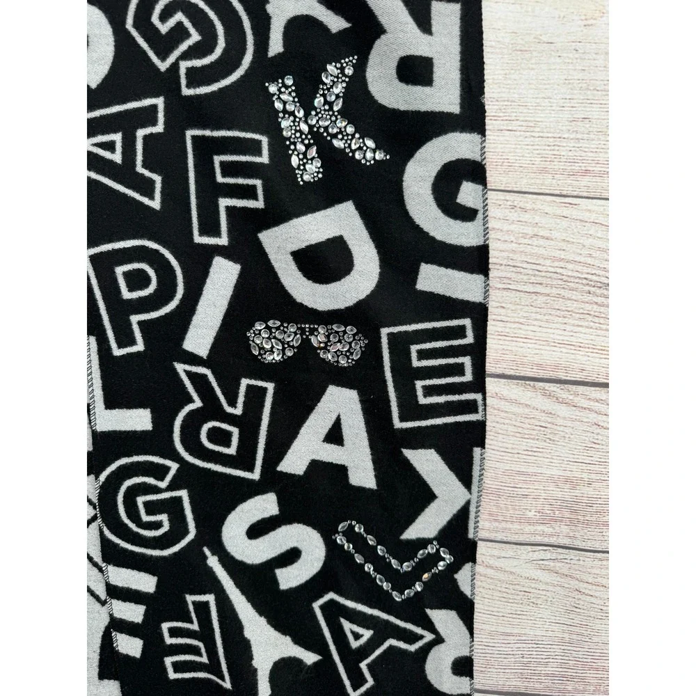 Karl Lagerfeld Scarf Womens OS Black Silver Logo Eiffel Tower Rhinestone